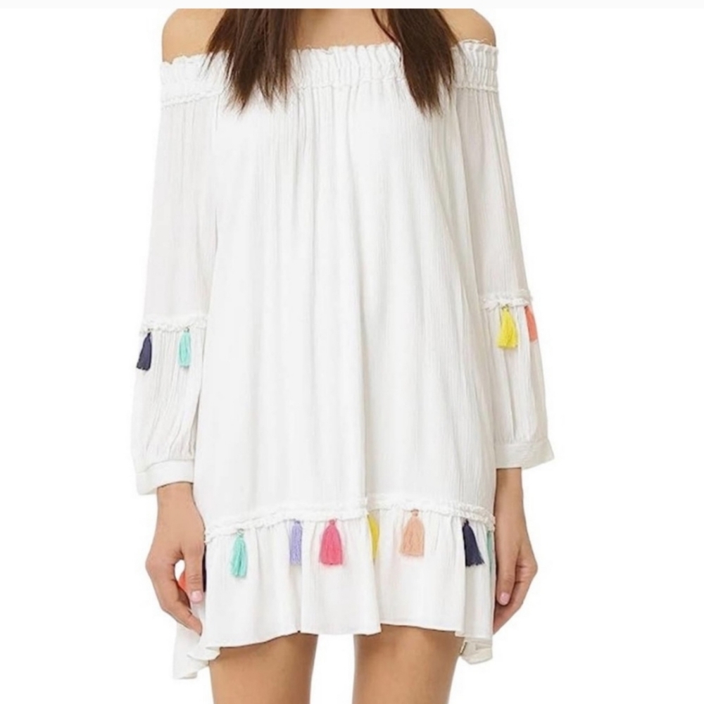 MISA LOS ANGELES CAMILLA Medium White Off Shoulder Tassel Shift Dress.